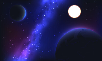 Vector illustration of outer space with glowing planets, colorful nebula, bright stars, and dark cosmic background. Ideal for science, astronomy, and futuristic exploration concepts.