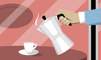 Vector minimalistic illustration of a moka pot in hand, serving hot coffee into a white cup on a table. Perfect for coffee, breakfast, and cafe lifestyle concepts.