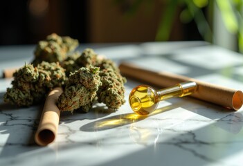 Cannabis buds with a glass pipe and rolling paper on a marble surface in natural light