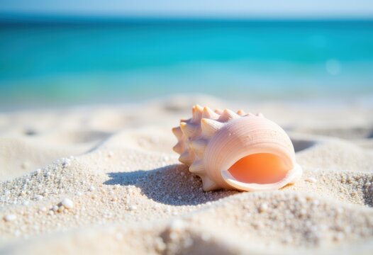 Close-up of a seashell on sandy beach with turquoise ocean in the background