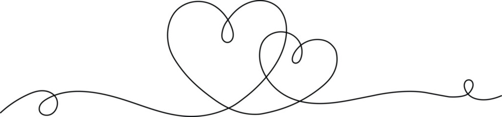 Two hearts one line drawing, Continuous one line heart drawing, Romantic heart shape continuous line art
