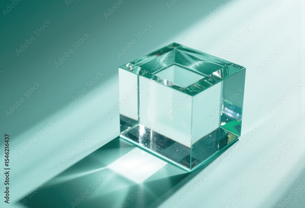 Poster transparent glass cube casting a shadow on a smooth surface with soft lighting