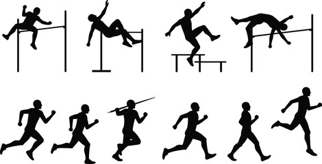 Athletes performing track and field events, high jump, sprinting, javelin throw, hurdles, sports silhouettes, running motion, competitive athletics illustration, vector black silhouettes, 