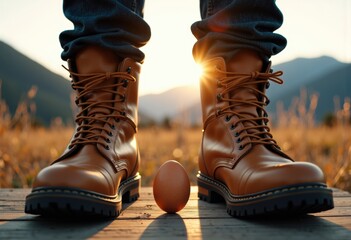 A person wearing brown boots standing on a wooden surface with an egg between their feet during sunset