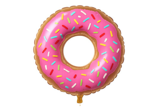 Whimsical pink inflatable donut balloon featuring rainbow sprinkles, drifting against clean transparent backdrop