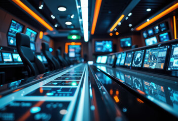 Naklejka premium Modern control room with advanced technology and illuminated screens