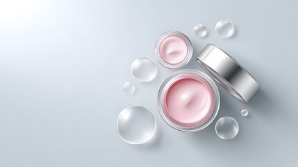 Elegant skincare product mockup featu pink cream in glass jars surrounded by clear droplets, designed with copy space isolated on a light background for text use.