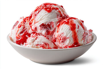 A bowl of ice cream with strawberry sauce, isolated on a white background