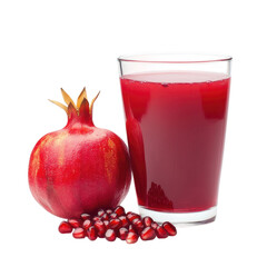 Fresh pomegranate juice glass with fruit and seeds isolated on transparent background