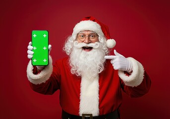 Happy Santa Claus presenting a smartphone with a green screen for app or message display against a bright red backdrop. Christmas technology and digital marketing concept.