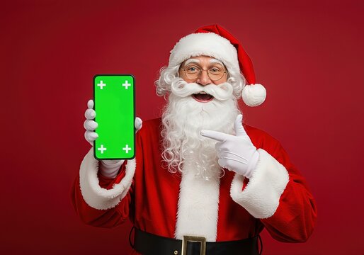 Happy Santa Claus presenting a smartphone with a green screen for app or message display against a bright red backdrop. Christmas technology and digital marketing concept.