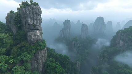 Misty Mountain Landscape, Lush Jungle