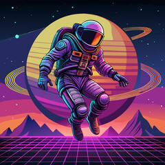 Retro futuristic astronaut in space with planet © Hasib