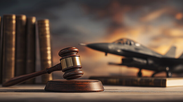 International Conflict Resolution Through Law and Diplomacy, Judge Gavel with Blurred Military Aircraft, Peaceful Settlement of Armed Disputes, International Humanitarian Law and Diplomatic - Powered by Adobe