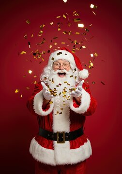 Joyful and excited Santa Claus laughing as he celebrates under a shower of golden confetti against a classic red background, capturing the magical spirit of Christmas.