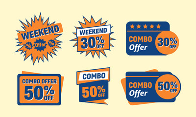 A collection of orange and blue badges for weekend and combo sale offers. Energetic Weekend and Combo Offer Ideal for e-commerce, banners, print ads, and retail marketing to display various discounts.