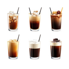 Six variations of iced coffee drinks isolated on transparent background