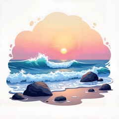 Gentle waves crashing on rocky shore at sunset, serene beauty