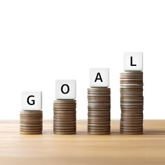 Goal-based investing shows a financial upward trend through stacks of coins and letter blocks demonstrating realistic financial growth and planning strategy.