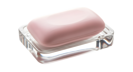 Pink soap bar on glass holder 3d rendered isolated on transparent background