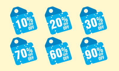 A set of ten blue and white polka dot discount tags from 10% to 90% off. Ideal for e-commerce, banners, print ads, and retail marketing to display various discounts.