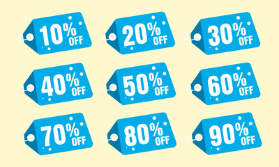A set of ten blue and white polka dot discount tags from 10% to 90% off. Ideal for e-commerce, banners, print ads, and retail marketing to display various discounts.
