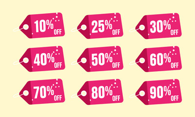  A set of nine pink retail discount tags from 10% to 90% off. Pink Retail Discount Price Tags Collection. Ideal for e-commerce, banners, print ads, and retail marketing to display various discounts.