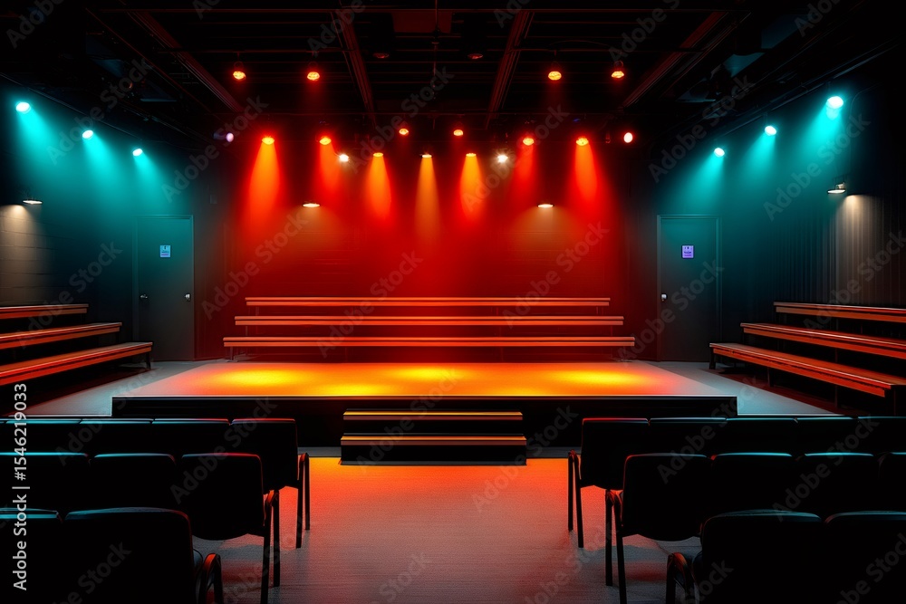 Poster empty auditorium with colorful stage lights illuminating benches and stage