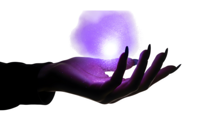 Hand holding glowing purple energy orb 3d rendered isolated on transparent background