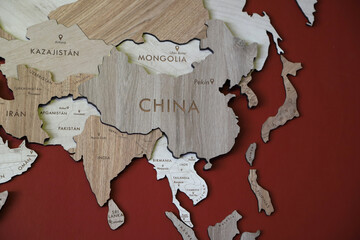 
Handcrafted abstract map of Asia made of wood