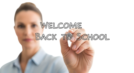 Woman writing "Welcome Back to School" isolated on transparent background