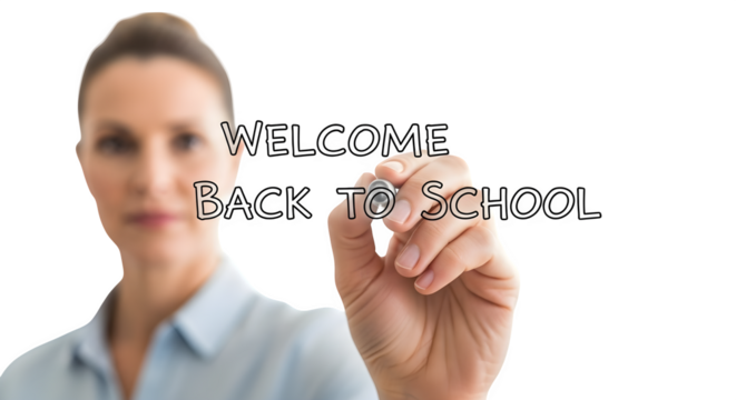 Woman writing "Welcome Back to School" isolated on transparent background