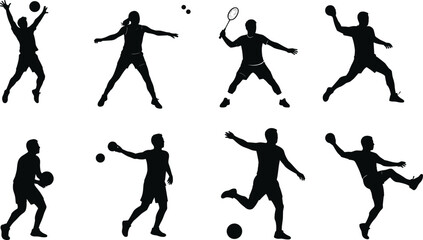 Silhouette of athletes playing sports, vector set of action poses, ball game players illustration, competitive sport scenes, black silhouettes collection for fitness, training, sports design