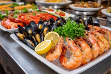 Fresh seafood buffet displaying shrimp, mussels, and lemon wedges on ice