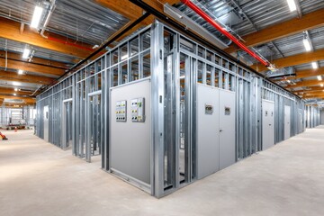 Metal stud walls being constructed in modern building