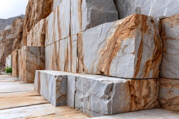 Large marble blocks showing orange veins in a marble quarry