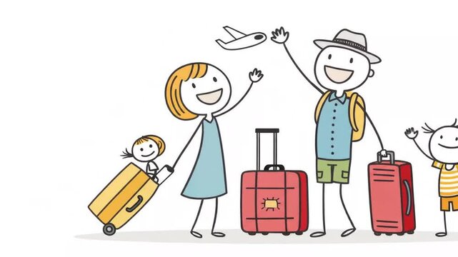 Animated Stick Figure Family Waving Goodbye with Luggage on White Background Ready for Vacation