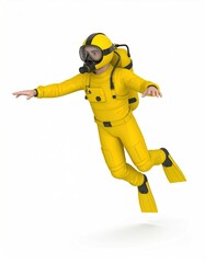 3D Diver with Yellow Scuba Suit, Underwater, and Ocean.