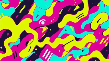 Yellow stars and swirls pop across a vivid background of pink, cyan, and deep navy abstract shapes - Powered by Adobe