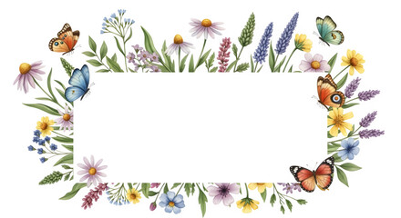 Fototapeta premium Floral frame with butterflies isolated on transparent background