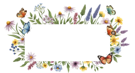 Floral frame with butterflies isolated on transparent background