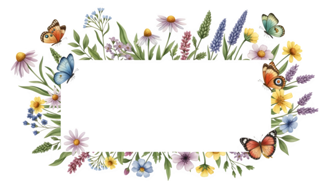 Floral frame with butterflies isolated on transparent background