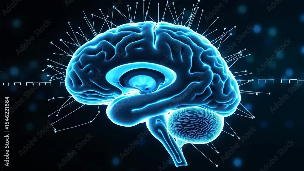 Poster synthetic biology concept ,neon blue glowing brain with neural network pulse lines and intelligence 