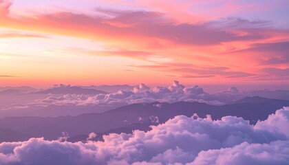 Naklejka premium Wide-open sky transitioning from warm coral to dusky purple, with soft cloud textures glowing at the horizon edge.