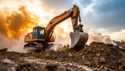 Excavator at Sunset Powerful Earthmoving in Action