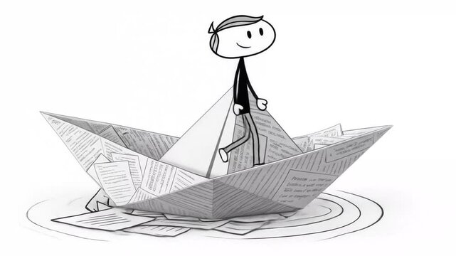 Animated Stickman Sailing on White Paper Boat Isolated on White Background Concept of Imagination Journey and Creativity