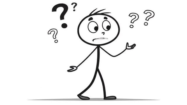 Animated Stickman With Question Marks Expressing Confusion on White Backdrop Simple Character Graphic Concept Motion