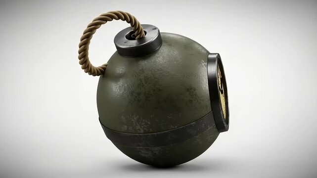 Vintage clock bomb with a textured green surface and a winding rope, set against a neutral backdrop