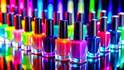 Bold nail polish bottles glowing in neon light