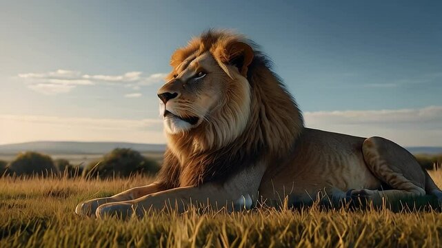 A big-maned lion lies in ambush across an open plain, hidden in dry grass and waiting silently for its prey